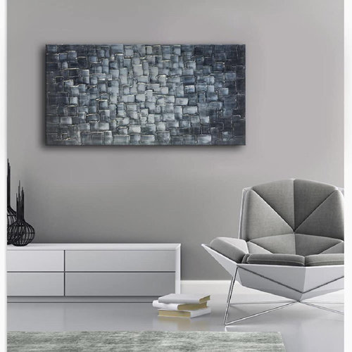 Orren Ellis Large Abstract Silver Square Wall Art With HandPainted